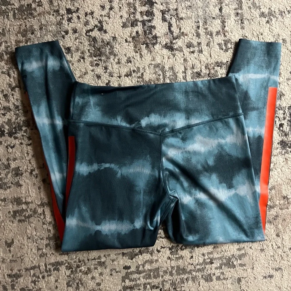 Nike Dri-FIT Womens Teal Tie Dye Orange Stripe Training Leggings Large High Rise